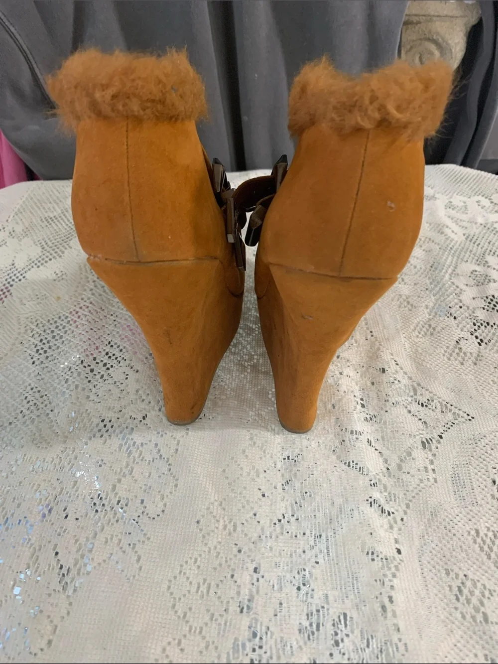 Faux Fur Trim Wedge Booties in Cognac Tan with Buckle Detail